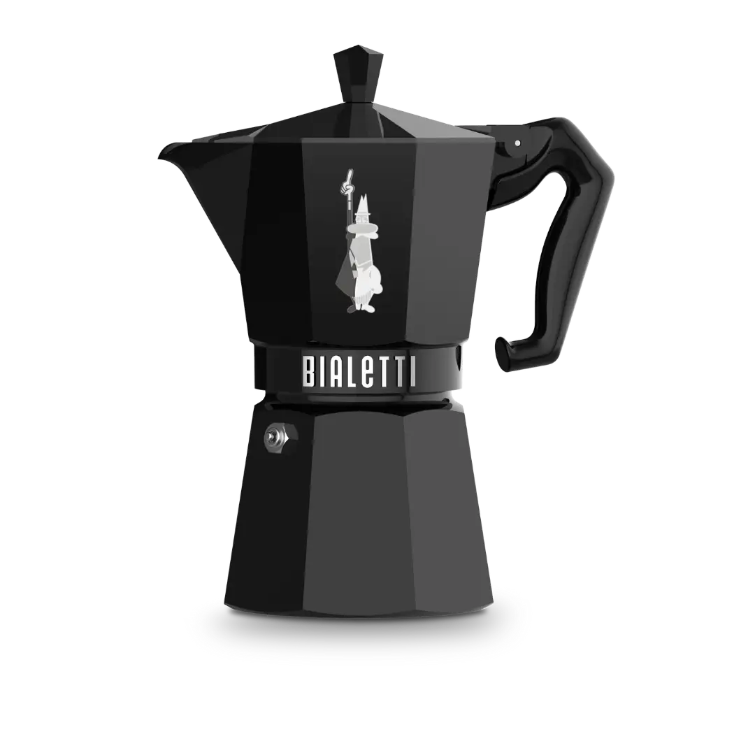 Bialetti Brew Italia Moka Express 6-cup black stovetop espresso maker for rich coffee brewing.
