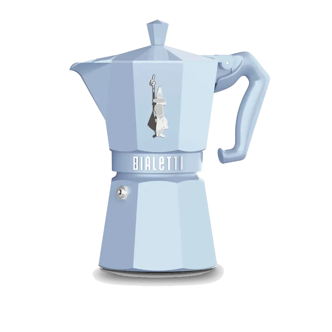 Blue Bialetti Moka Express 6-cup coffee maker by Brew Italia, showing the classic stovetop espresso pot design.