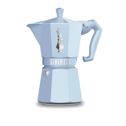Blue Bialetti Moka Express 6-cup coffee maker by Brew Italia, showing the classic stovetop espresso pot design.