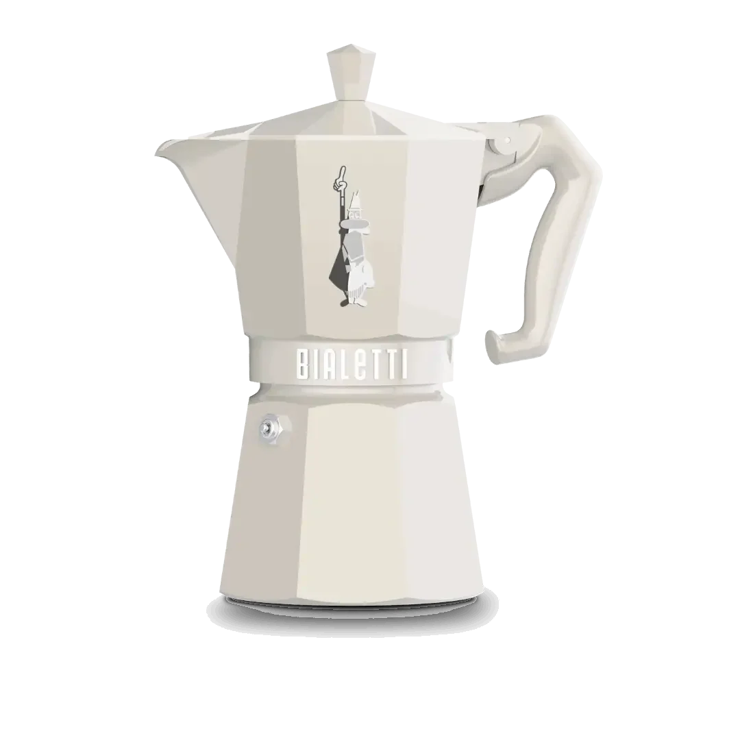 Bialetti Moka Express 6-cup coffee maker in cream color, Brew Italia hardware with classic stovetop moka pot design