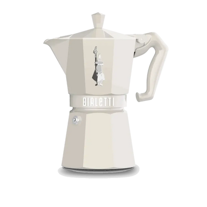 Bialetti Moka Express 6-cup coffee maker in cream color, Brew Italia hardware with classic stovetop moka pot design