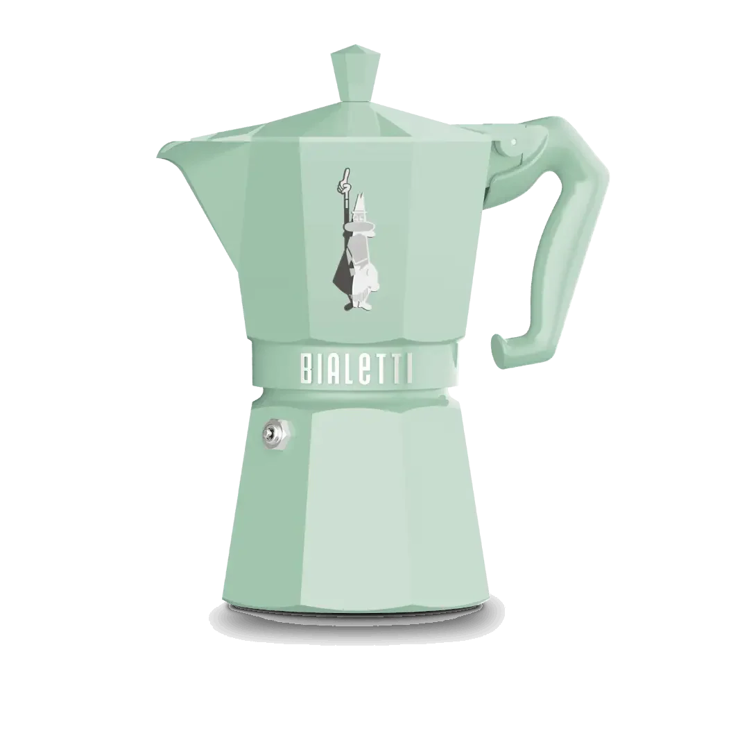 Green Bialetti Moka Express 6-cup coffee maker by Brew Italia, showcasing the classic stovetop espresso pot design.
