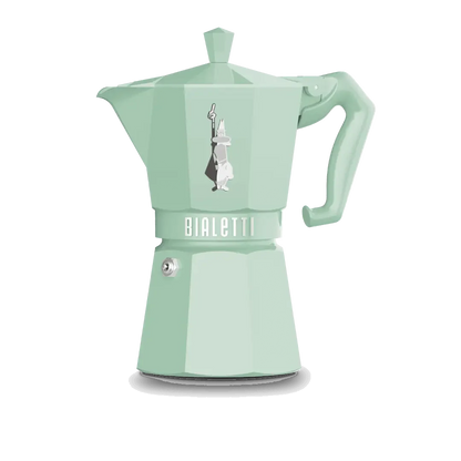Green Bialetti Moka Express 6-cup coffee maker by Brew Italia, showcasing the classic stovetop espresso pot design.