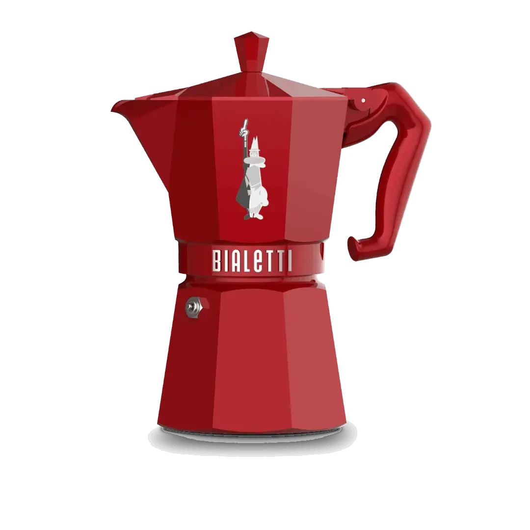Red Bialetti Moka Express 6-cup coffee maker by Brew Italia, showcasing its classic stovetop espresso pot design.