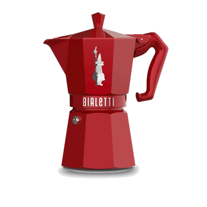 Red Bialetti Moka Express 6-cup coffee maker by Brew Italia, showcasing its classic stovetop espresso pot design.