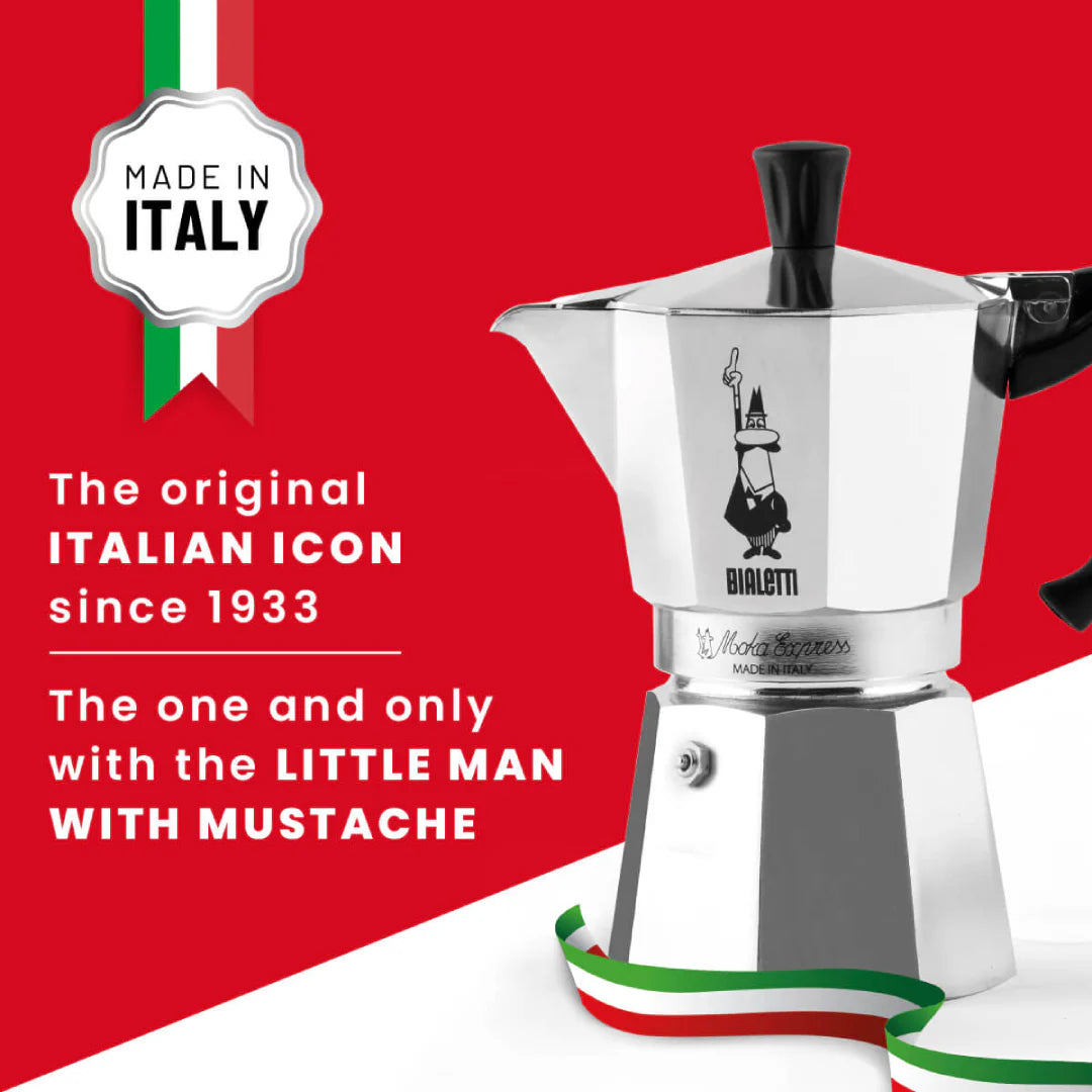Bialetti Moka Express coffee maker by Brew Italia, made in Italy, with shiny aluminum body and black handle.