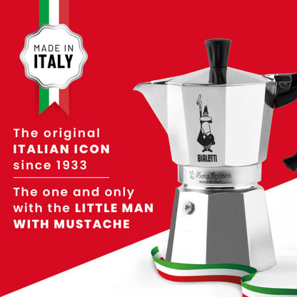 Bialetti Moka Express coffee maker by Brew Italia, made in Italy, with shiny aluminum body and black handle.