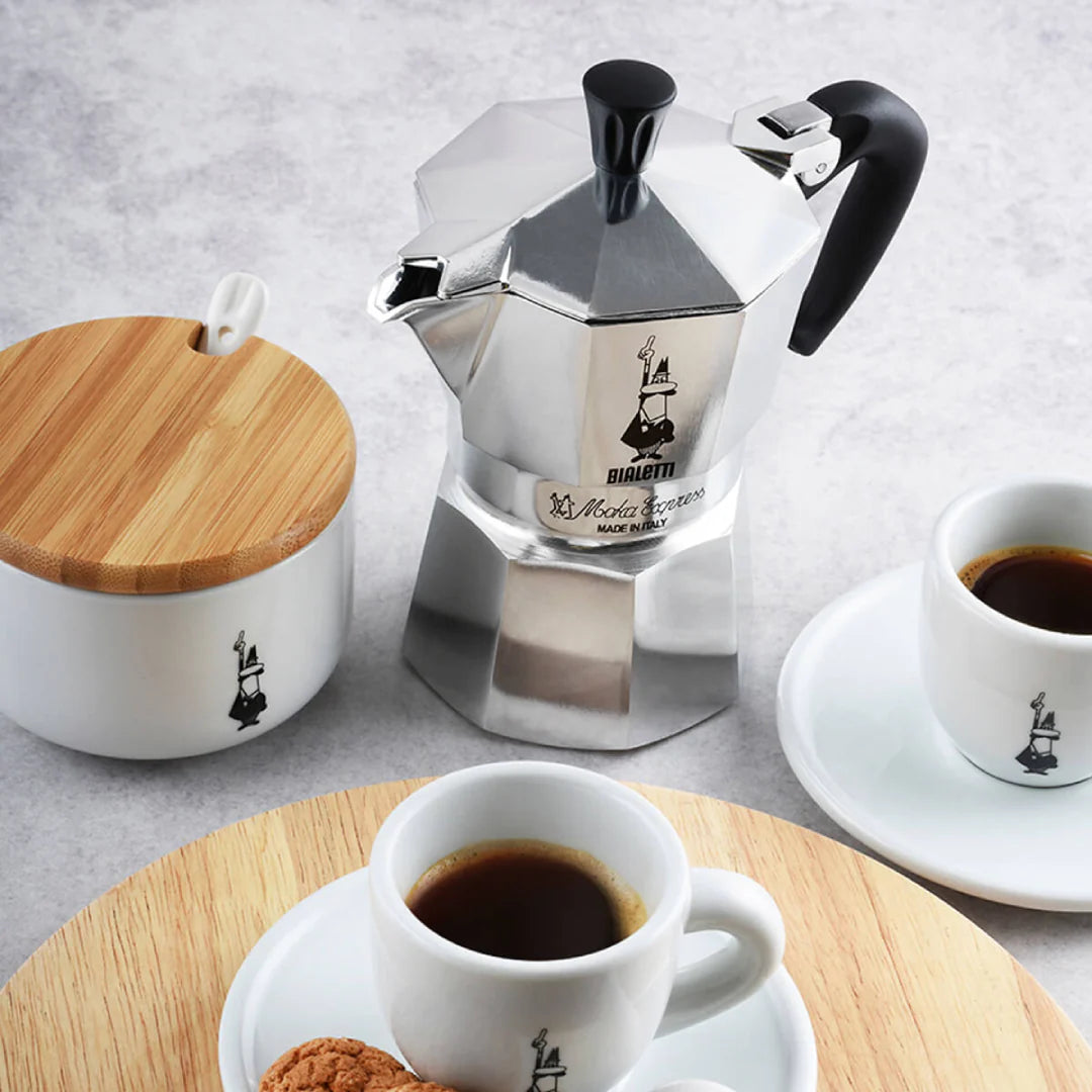 Bialetti Moka Express stovetop espresso maker by Brew Italia, featuring a classic aluminum design for rich Italian coffee.