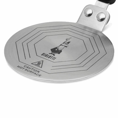 Bialetti induction plate converter for moka express, compatible with Bialetti hardware, by Brew Italia, shown on a stovetop.