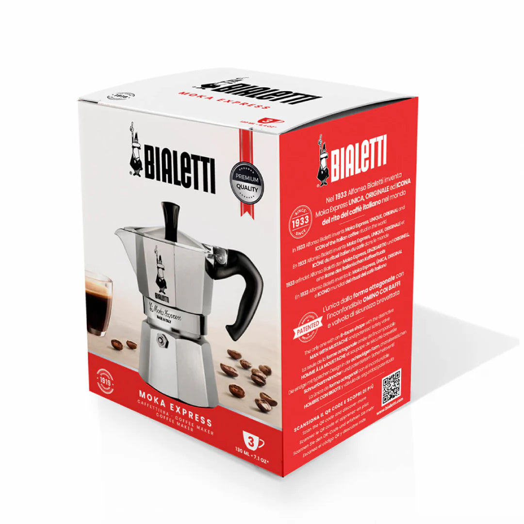 Bialetti Moka Express coffee maker with Brew Italia branding on packaging, showcasing the classic stovetop espresso pot.