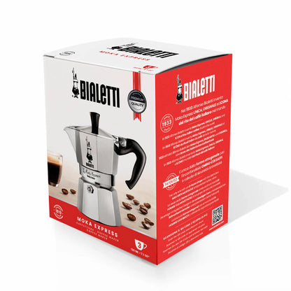 Bialetti Moka Express coffee maker with Brew Italia branding on packaging, showcasing the classic stovetop espresso pot.