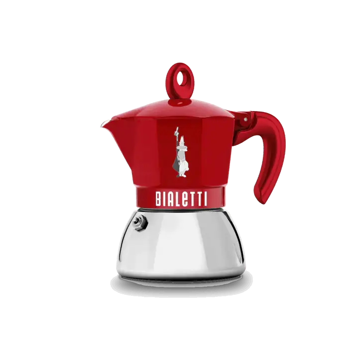 Red Bialetti Moka Express Exclusive 2-cup moka pot by Brew Italia, designed for induction stovetops.