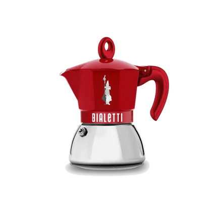 Red Bialetti Moka Express Exclusive 2-cup moka pot by Brew Italia, designed for induction stovetops.