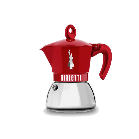 Red Bialetti Moka Induction Exclusive coffee maker with two cups, made by Brew Italia, featuring a sleek stovetop design.