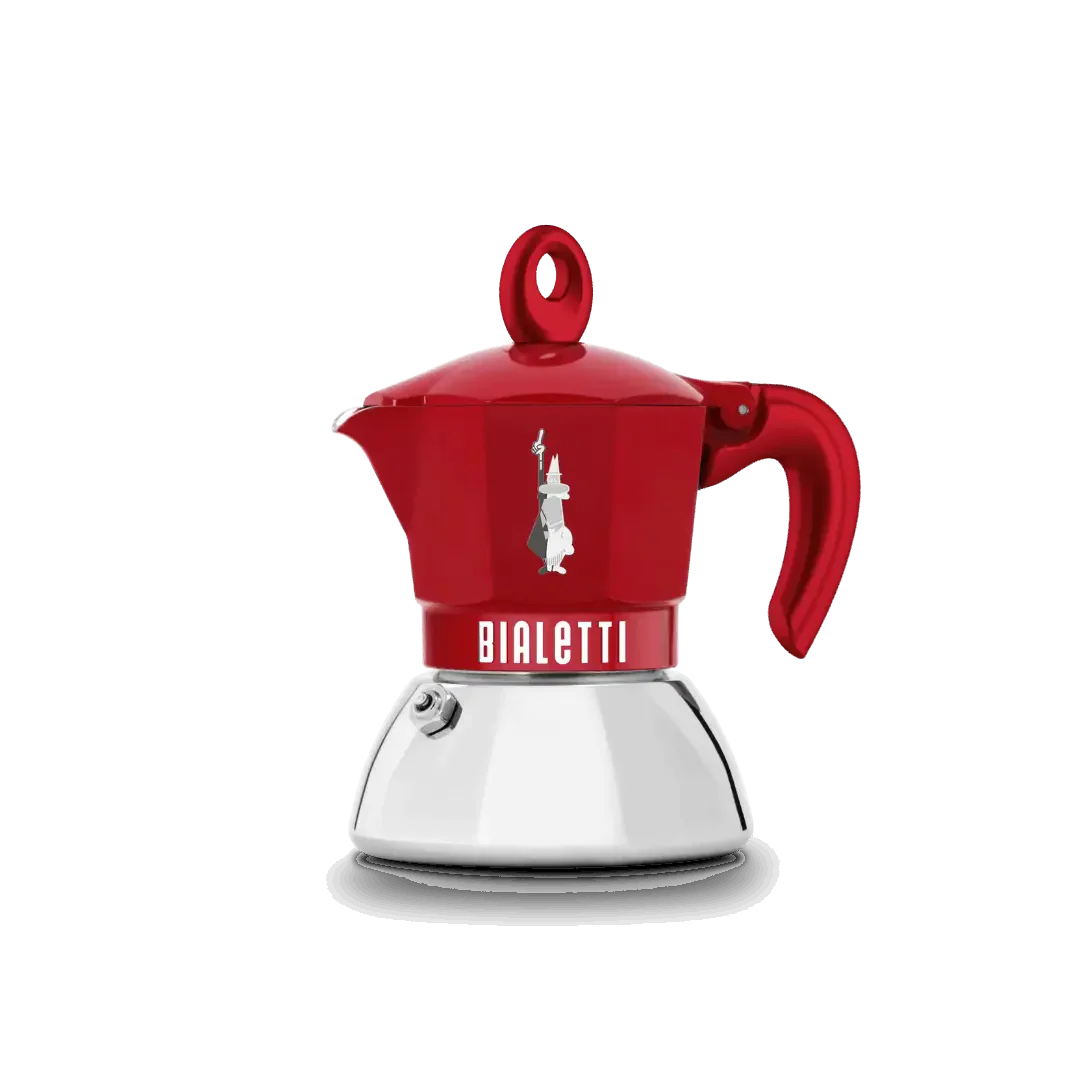 Bialetti Brew Italia Moka Induction Exclusive 4-cup coffee maker with stainless steel body and black handle.