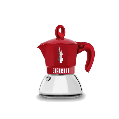 Bialetti Brew Italia Moka Induction Exclusive 4-cup coffee maker with stainless steel body and black handle.