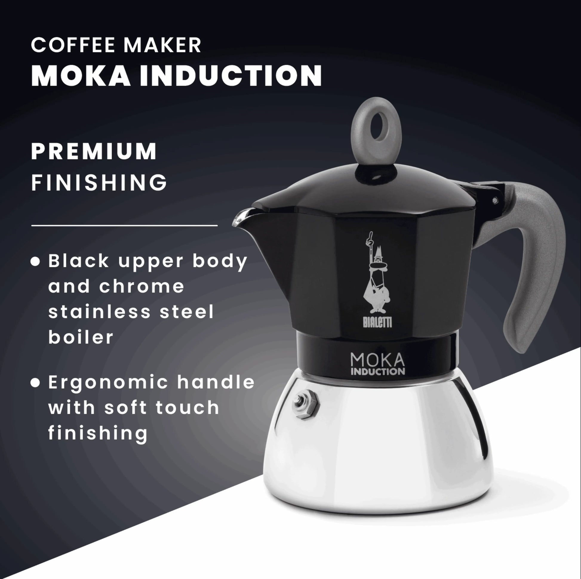 Bialetti Moka Induction stovetop coffee maker from Brew Italia showing the classic aluminum design with black handle and lid.