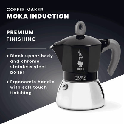Bialetti Moka Induction stovetop coffee maker from Brew Italia showing the classic aluminum design with black handle and lid.