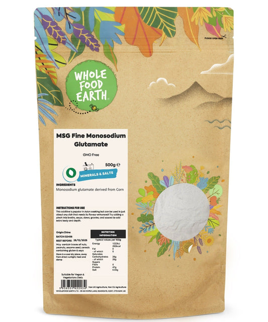 Fine MSG Monosodium Glutamate by Whole Food Earth, showing a clear container of white crystalline flavor enhancer.