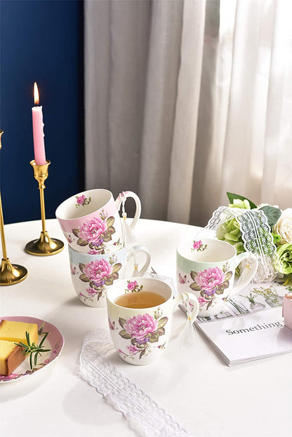Tea Coffee Cup Mug Set 4 Ceramic Porcelain Bird Rose Butterfly Shabby Chic design in Gift Box 330ML (1 SET)