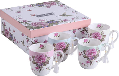 Tea Coffee Cup Mug Set 4 Ceramic Porcelain Bird Rose Butterfly Shabby Chic design in Gift Box 330ML (1 SET)