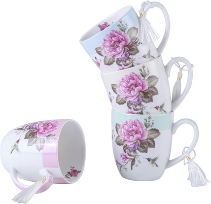 Tea Coffee Cup Mug Set 4 Ceramic Porcelain Bird Rose Butterfly Shabby Chic design in Gift Box 330ML (1 SET)