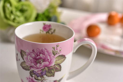 Tea Coffee Cup Mug Set 4 Ceramic Porcelain Bird Rose Butterfly Shabby Chic design in Gift Box 330ML (1 SET)