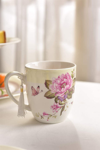 Tea Coffee Cup Mug Set 4 Ceramic Porcelain Bird Rose Butterfly Shabby Chic design in Gift Box 330ML (1 SET)