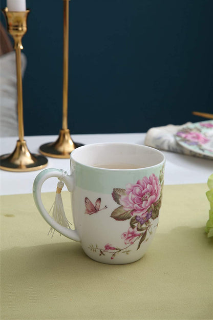 Tea Coffee Cup Mug Set 4 Ceramic Porcelain Bird Rose Butterfly Shabby Chic design in Gift Box 330ML (1 SET)