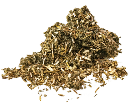 Porter Hill Tea Company Mugwort Tea, herbal fruit infusion in a transparent glass mug with fresh mugwort leaves.