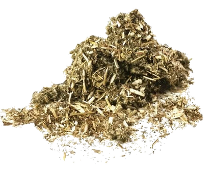 Porter Hill Tea Company Mugwort Tea, herbal fruit infusion in a transparent glass cup with fresh mugwort leaves.