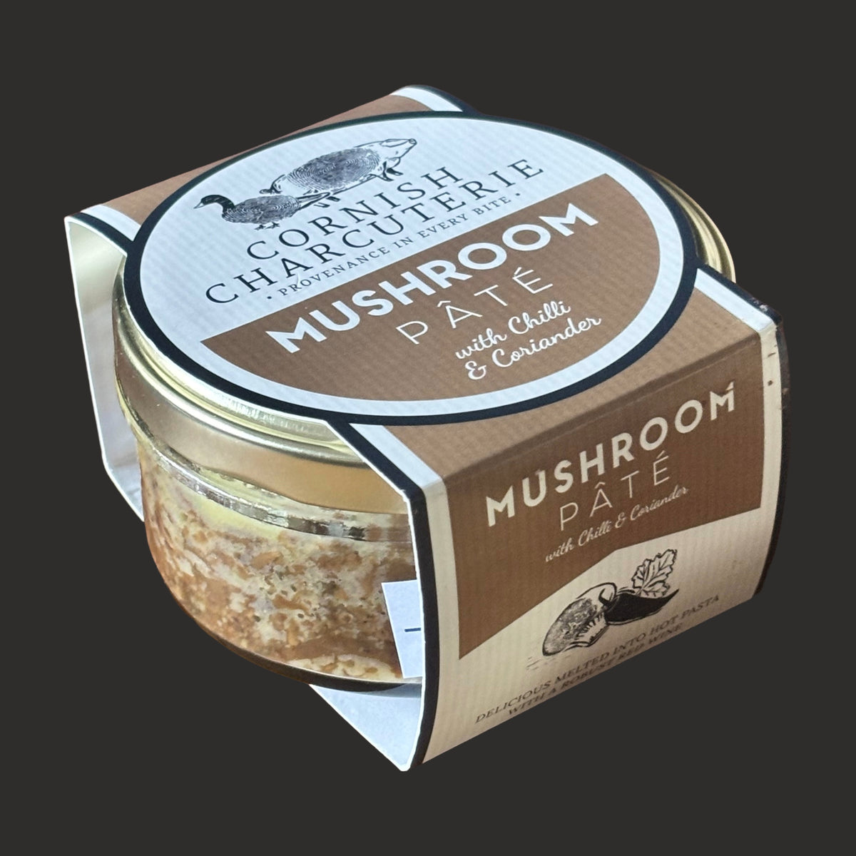 Creamy Cornish mushroom pâté with chili and coriander from ArtisanBox Selection, served in a 125g jar.