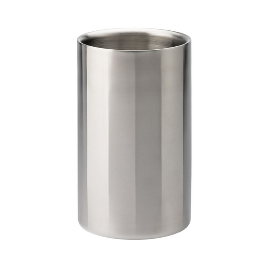 Stainless steel double wall wine cooler by Glassware UK, showing a sleek insulated wine chiller with a modern design.
