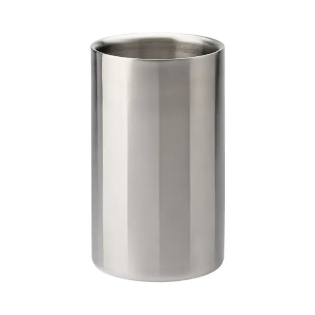Stainless steel double wall wine cooler by Glassware UK, designed to keep wine bottles chilled with sleek, insulated accessory.