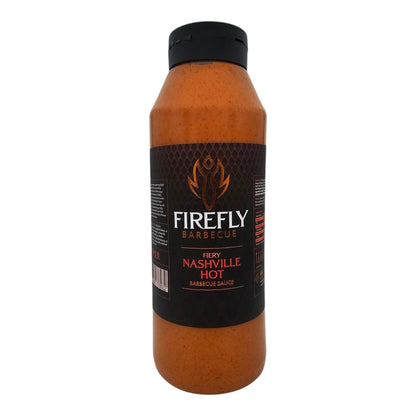 FireFly Barbecue Nashville Hot Sauce bottle, spicy BBQ sauce with vibrant label, perfect for grilling and dipping.