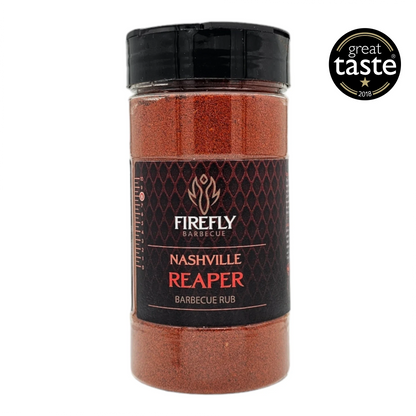 FireFly Barbecue Nashville Hot Reaper Level 5 BBQ Rub container with award badge, spicy seasoning for grilling and grilling enthusiasts.