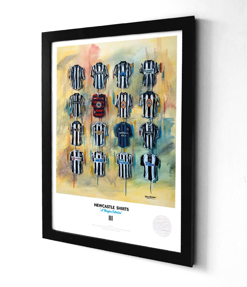 Limited edition Newcastle shirts collectors print by Terry Kneeshaw Art, featuring detailed artwork on high-quality paper.