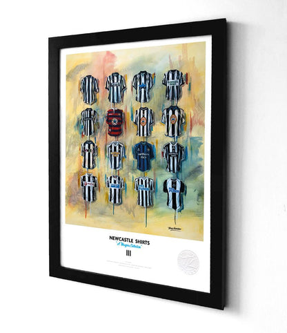 Limited edition Newcastle shirts collectors print by Terry Kneeshaw Art, featuring detailed artwork on high-quality paper.
