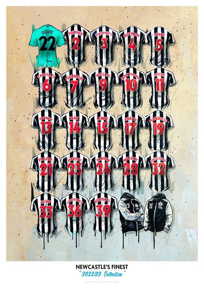 Limited edition signed Newcastle’s Finest A2 Magpies shirt wall art print by Terry Kneeshaw Art showcasing vibrant team design.