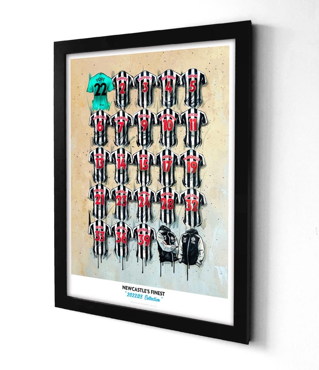Limited edition Newcastle’s Finest A2 Magpies shirt wall art print by Terry Kneeshaw Art, signed and framed for display.
