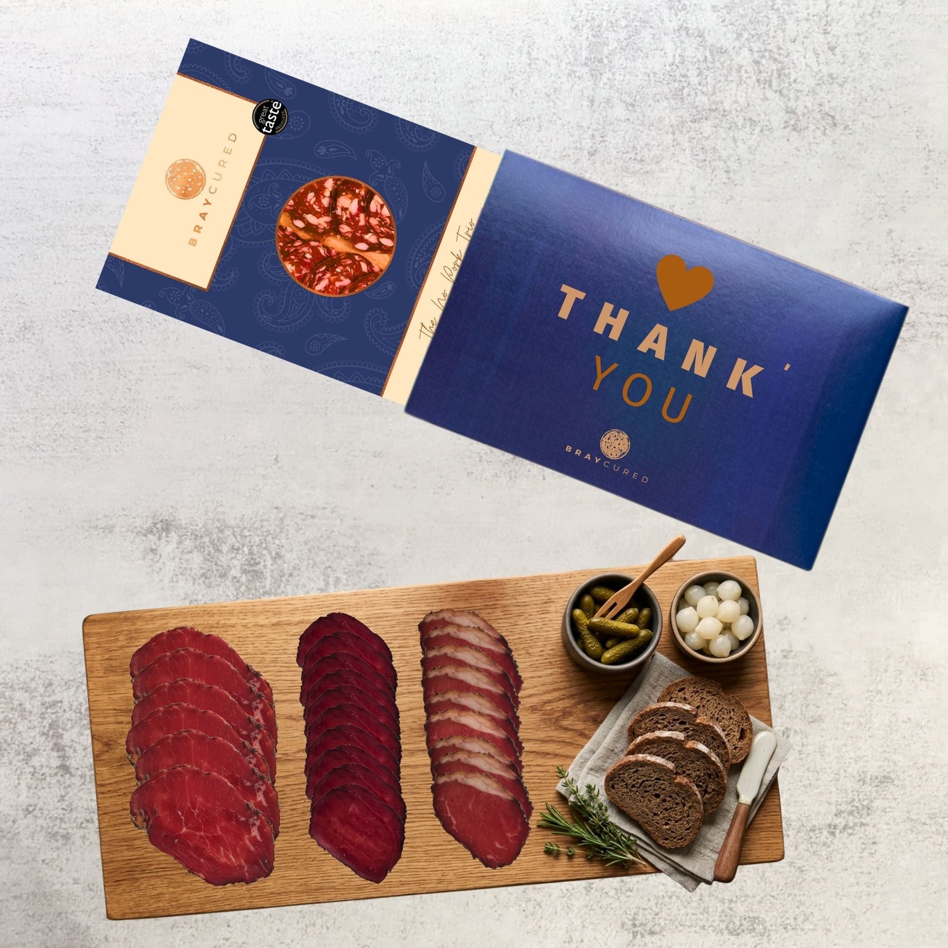 Assorted No Pork Tasting Trio from Bray Cured featuring plant-based charcuterie selections on a wooden platter.