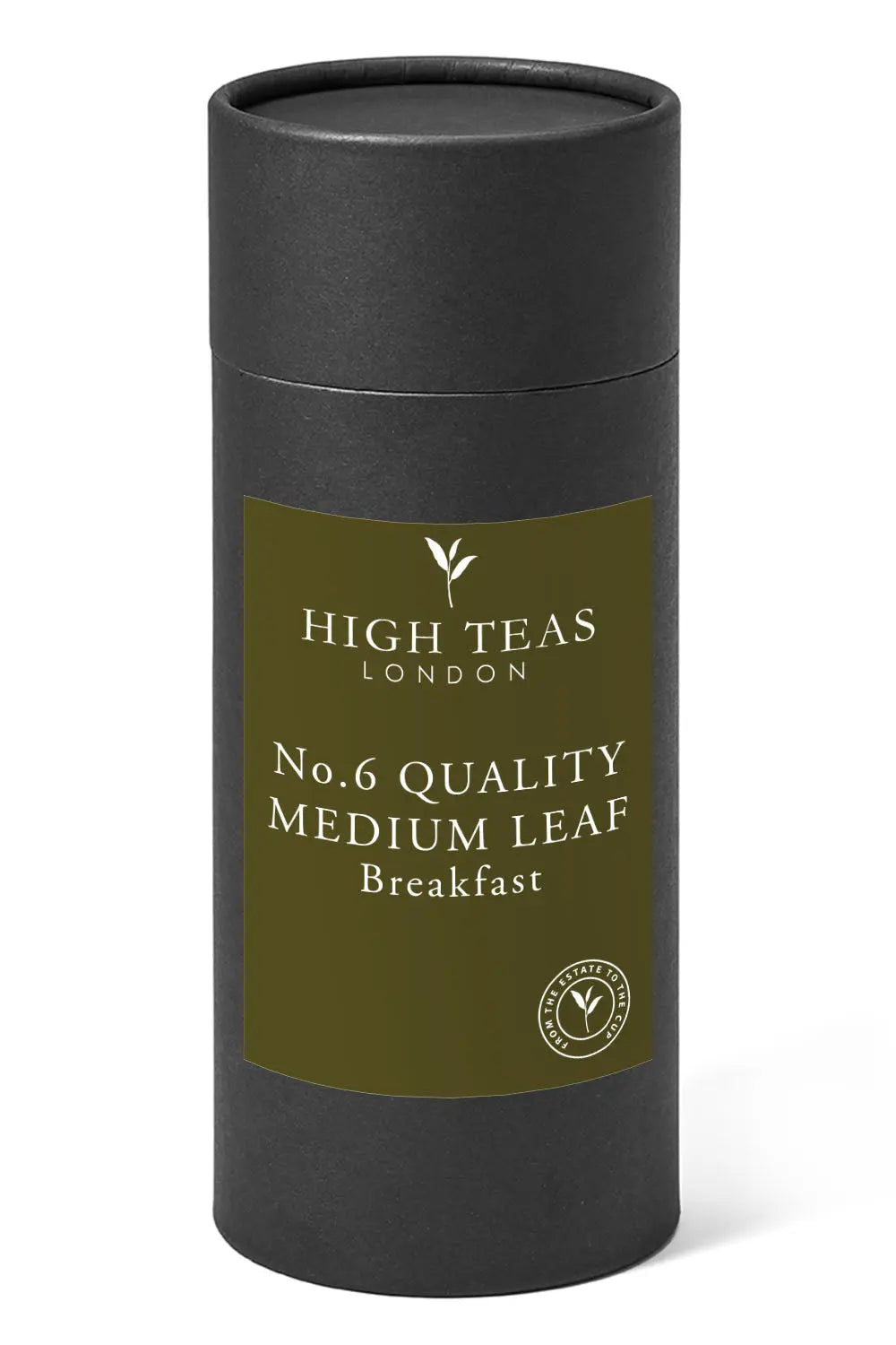 High Teas English Breakfast Blend no.6 loose leaf tea with quality medium leaf, displayed in a clear glass jar.