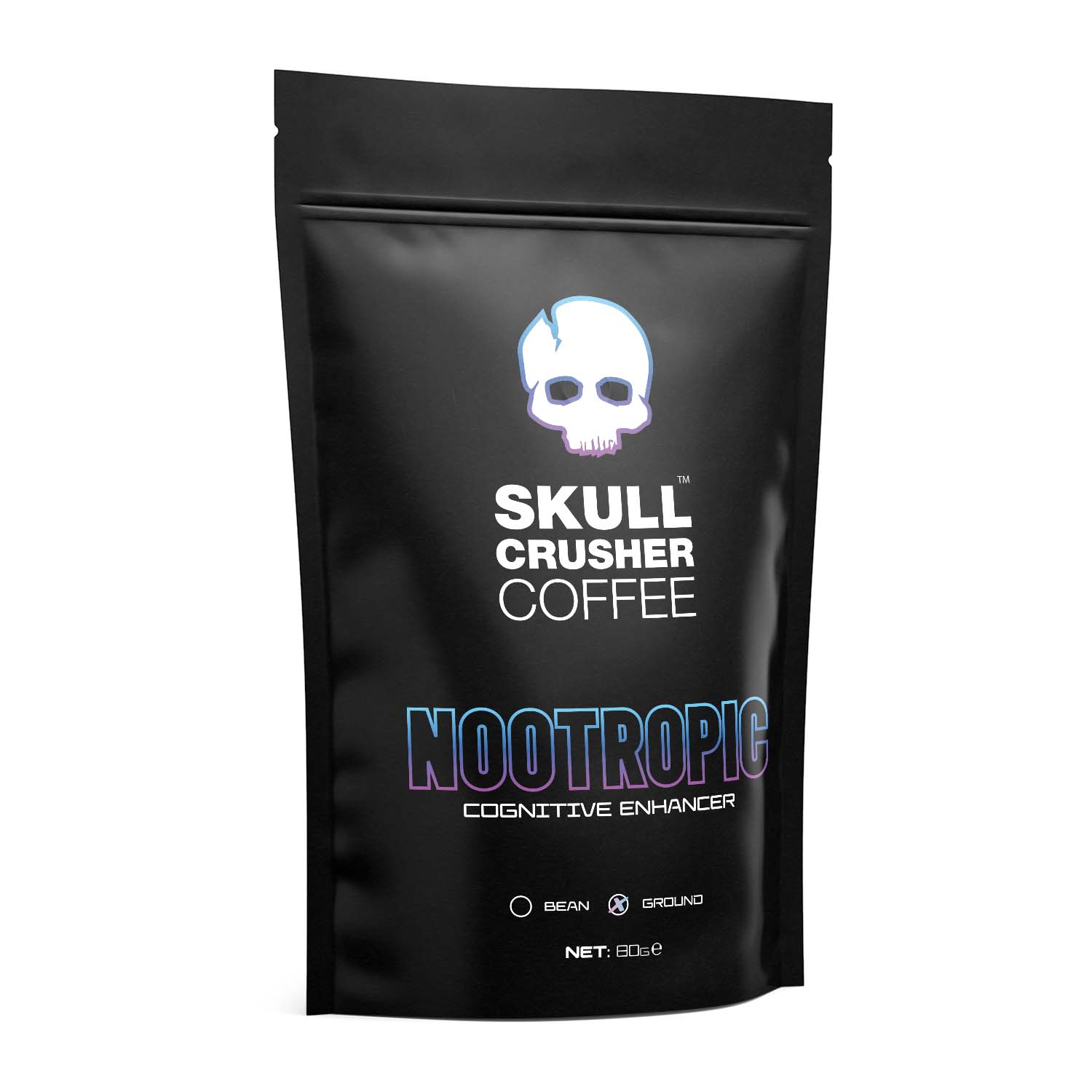 Skull Crusher Coffee Nootropic trial bag showing 80g packaging with branding and product label for cognitive enhancement.
