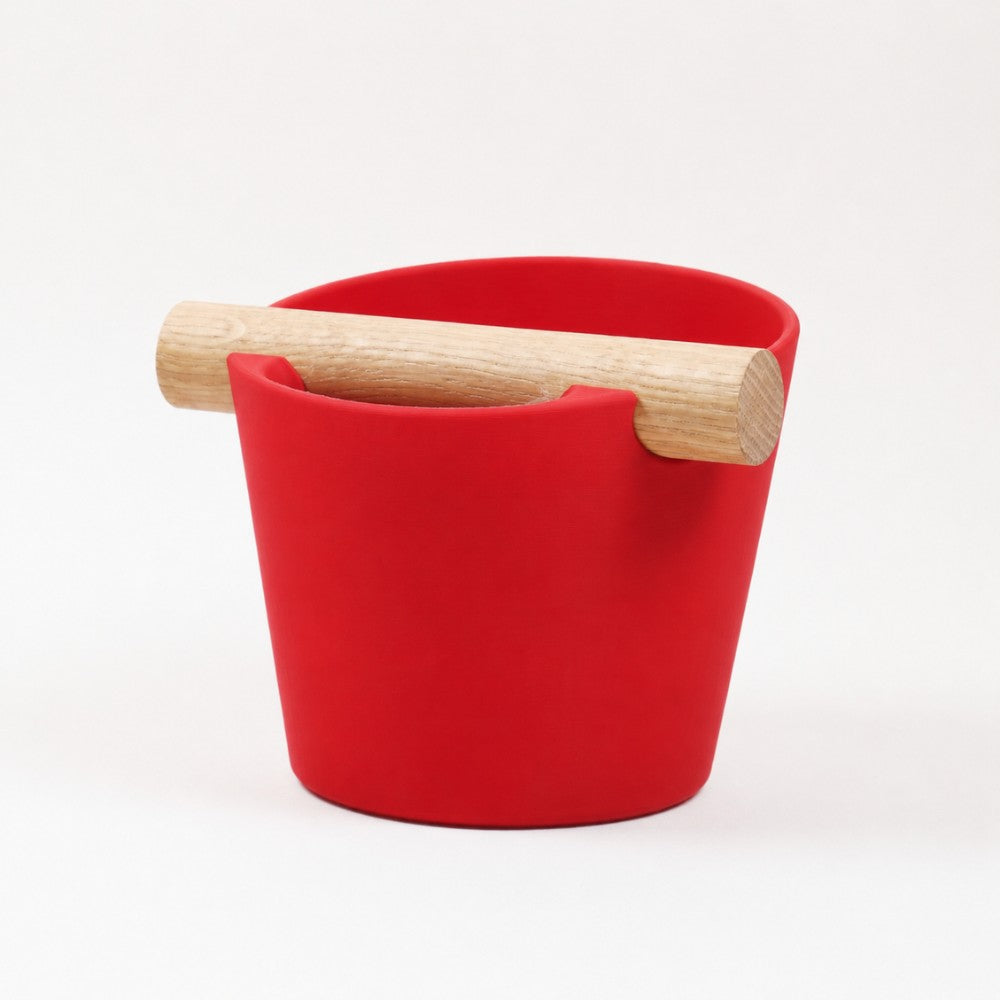 Red Nordic Coffee Knock Box by KNOCDIC® with real oak wood bar for espresso puck disposal.
