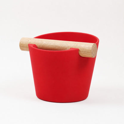 Red Nordic Coffee Knock Box by KNOCDIC® with real oak wood bar for espresso puck disposal.