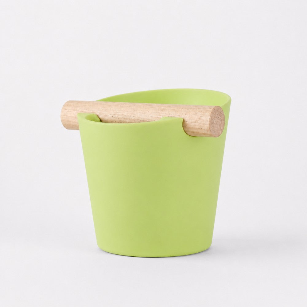 Nordic Coffee Knock Box by KNOCDIC® with real oak wood bar and apple green finish for espresso machine use.