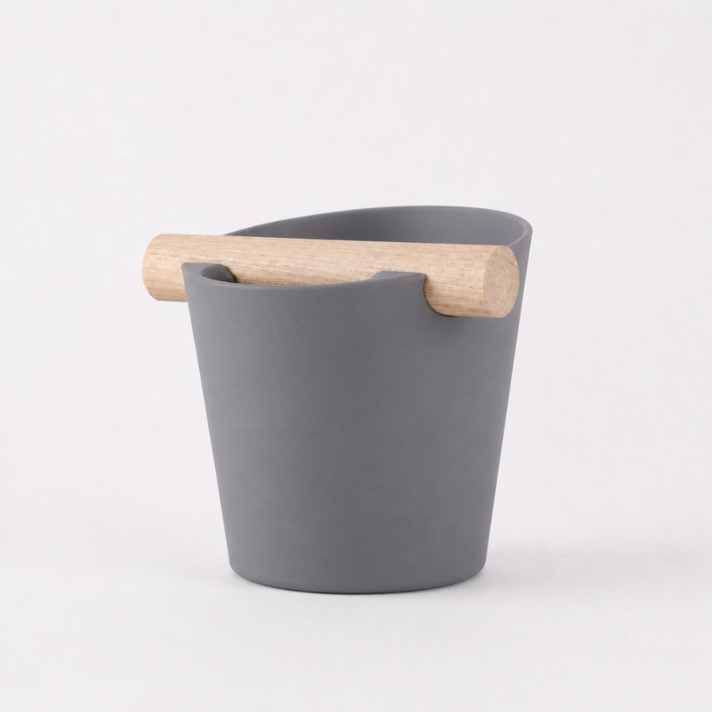 Nordic Coffee Knock Box with real oak wood bar by KNOCDIC® in ash grey, featuring a sleek espresso tamper holder and durable design.