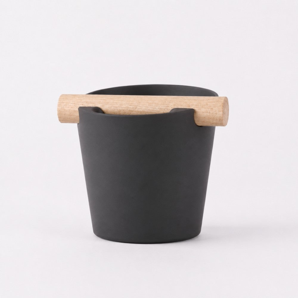 Nordic KNOCDIC® Coffee Knock Box with real oak wood bar, charcoal finish, sturdy espresso tamping and knock box for baristas.