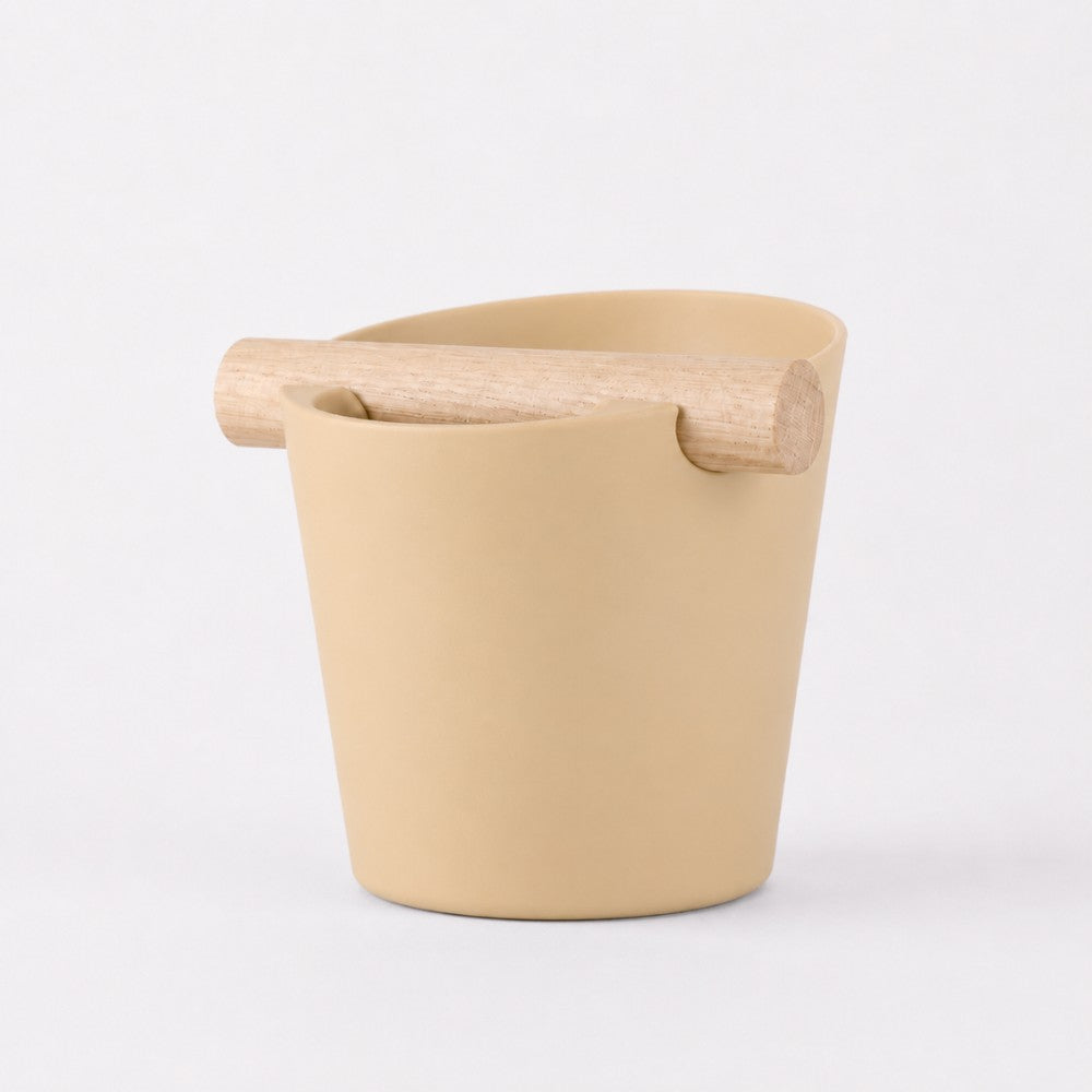 Nordic Coffee Knock Box by KNOCDIC® with desert tan finish and real oak wood bar for espresso machine use.