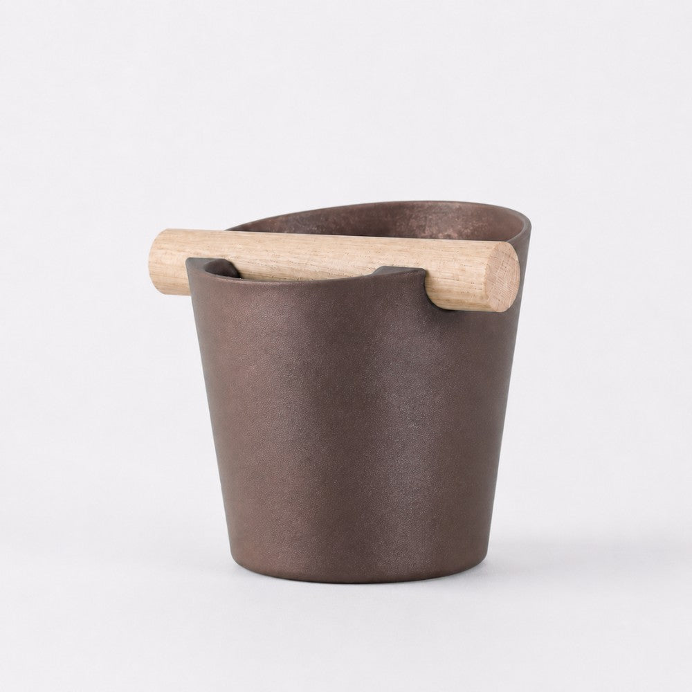 KNOCDIC Nordic Coffee Knock Box with real oak wood bar, brown galaxy finish, for espresso machine coffee pucks removal.